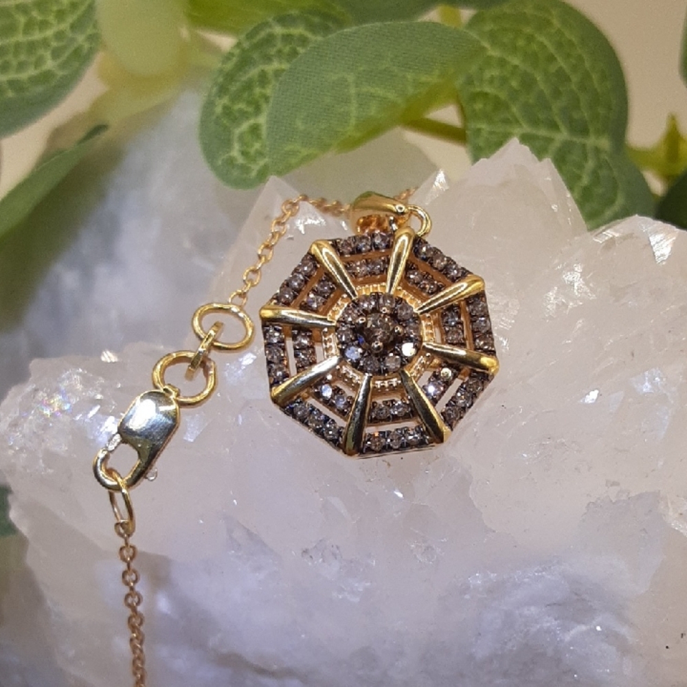 Gold Over 925, Genuine Champagne Diamond Pendant With Chain.